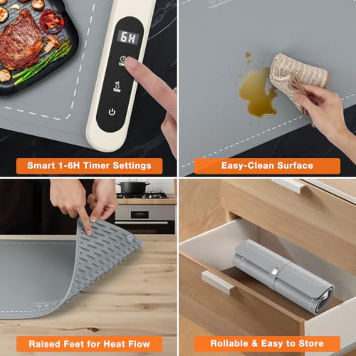 Food Warming Mat 24x15 Inch with Rapid Full Surface Heating and Temperature Control - Gray, Large Size