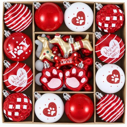Red & White Christmas Dog Ornaments Set – 42ct Shatterproof Ball Decor