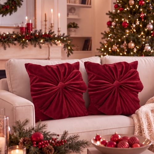 Leinuosen Red Christmas Velvet Pillow Cover with Bow - 18x18 Inches