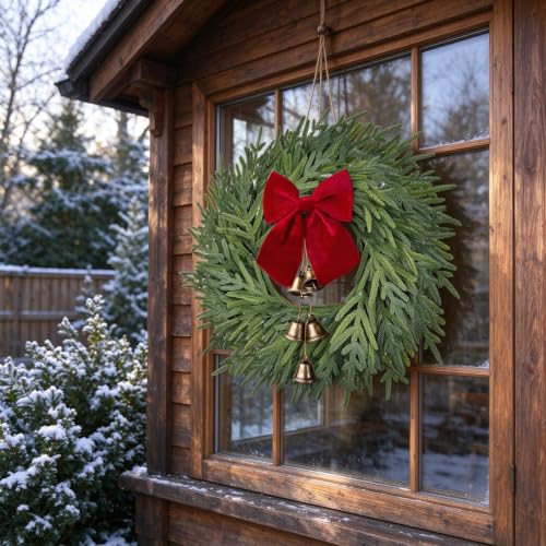 ICX 22-Inch Norfolk Pine Wreath with Bow & Bells - Realistic Holiday Decor