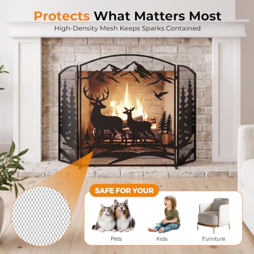 BEAMNOVA Fireplace Screen Black 50 x 32 in Deer Trees Pattern, 3-Panel