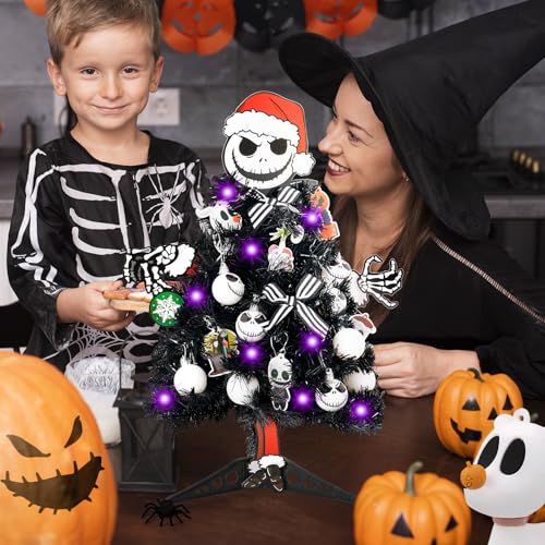 20 Inch Mini Halloween Christmas Tree with Lights - Black Tabletop Tree, Includes Decorations (BestNavidad Black Tree Variant)