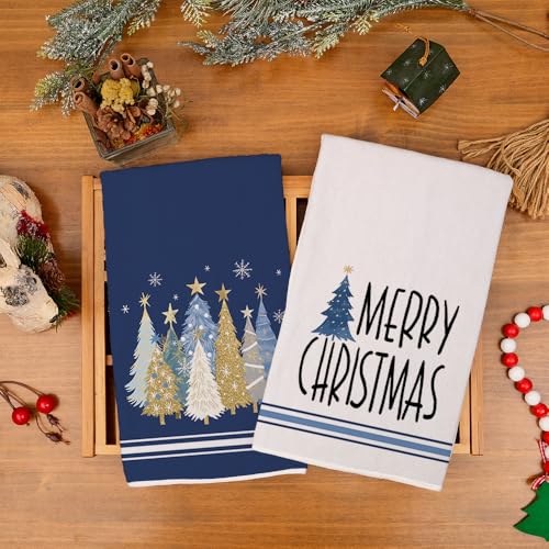 Blue Christmas Kitchen Towels Set of 2 - 18x26 Inch Holiday Dish Towels