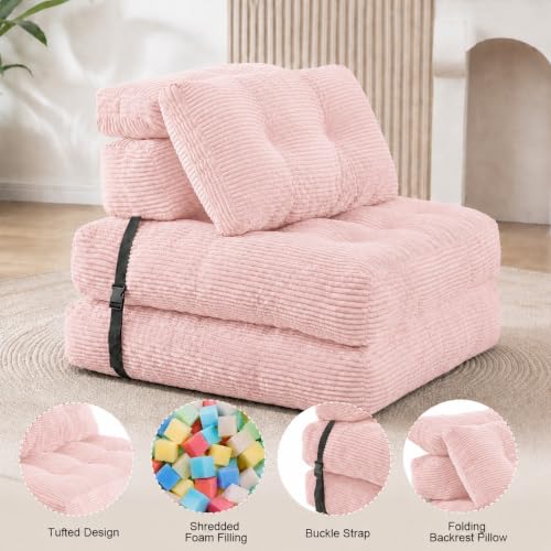 Pink Folding Sofa Bed - King Oasis Corduroy Chair Bed with Pillows, 3-in-1 Convertible Floor Couch