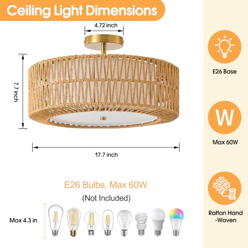 17.7 Inch Rattan Boho Ceiling Light with Fabric Diffuser - Brown, 3-Light Flush Mount