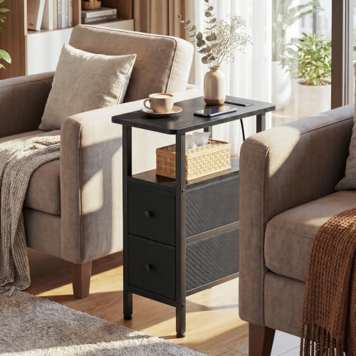 LOAKEKEL Narrow End Table with Charging Station - Small Nightstand, Black, 23.22"H with 2 Drawers & Power Ports