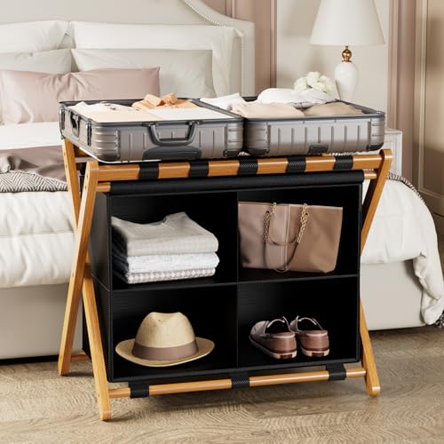 MHACVVO Walnut Bamboo Luggage Rack with 4 Storage Compartments, Foldable Suitcase Stand