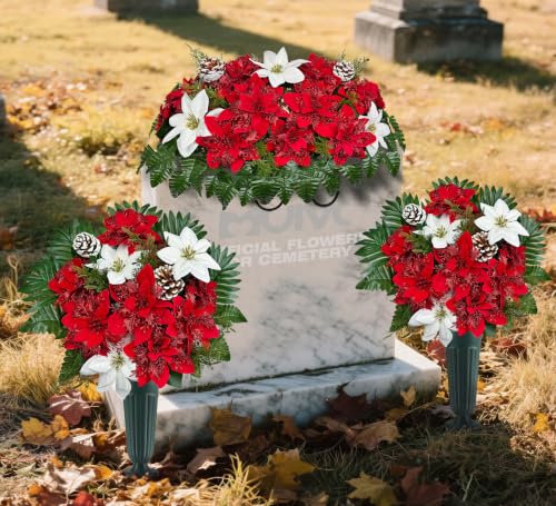 MUVIC 3-Piece Artificial Grave Flowers for Cemetery Christmas Set with Ground Spikes