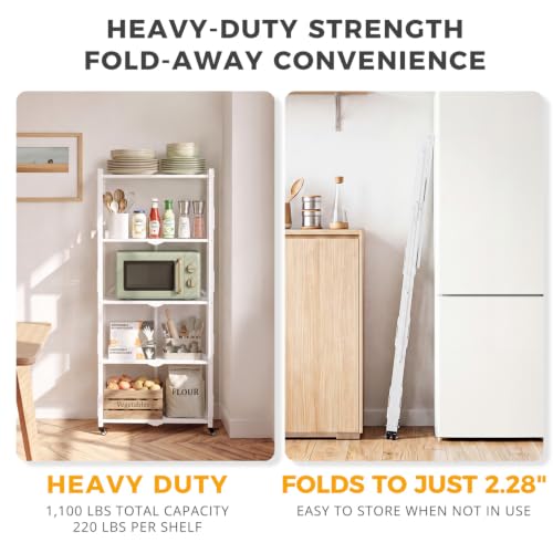 White 5-Tier Folding Storage Shelves with Wheels - No Assembly Needed
