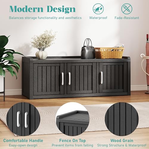 NUNU LAB 3-Door Waterproof Shoe Storage Cabinet with Adjustable Shelves, Entryway Bench, Black