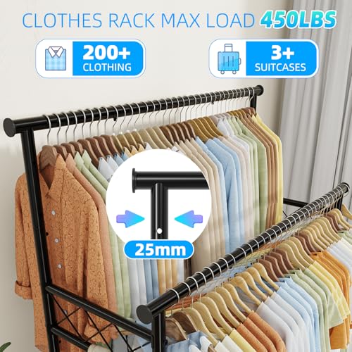 Heavy Duty Rolling Clothes Rack with Shelves - 450 lbs Capacity, Double Rod & Lockable Wheels