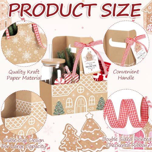 AmazingSpark Gingerbread House Christmas Drink Carriers - 24 Pack with Thank You Tags & Red Ribbon