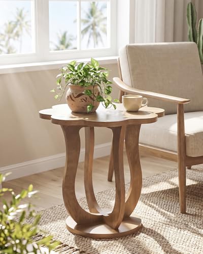 LITTLE TREE Rustic Brown Flower-Shaped Side Table - Modern Farmhouse Nightstand with Artistic S-Shaped Legs