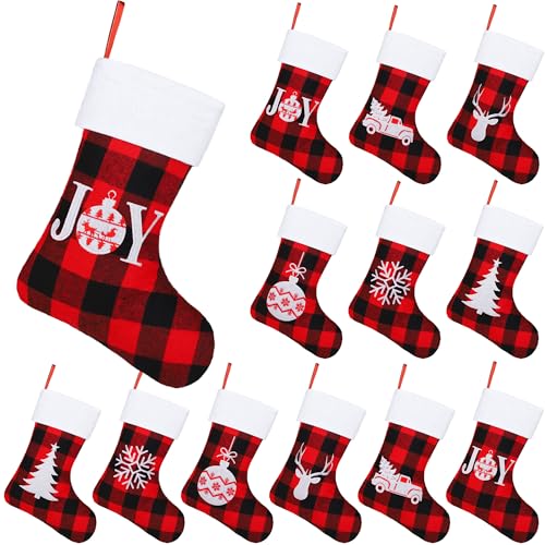Aodaer 12 Pack Red and Black Buffalo Plaid Christmas Stockings 15 Inch Felt Reindeer Snowflake Pattern Holiday Decor
