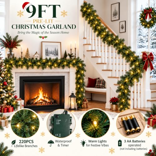 WQlittuK 9FT Pre-Lit Christmas Garland with Lights - C-220tips, Indoor & Outdoor Holiday Decor