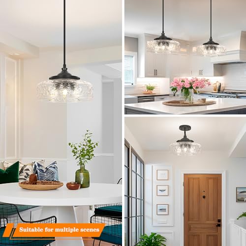 Daunton Black Patterned Glass 12in Farmhouse Pendant Light - Adjustable Kitchen Island & Bathroom Ceiling Fixture