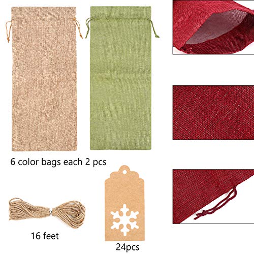 DIYASY Burlap Wine Gift Bags 12 Pcs with 24 Snowflake Tags & Jute Twine – Christmas Gift Wrapping