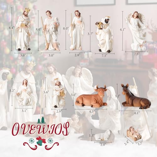 Ovewios 11-Piece White Nativity Set Figurines | Hand Resin Baby Jesus Holy Family Indoor Decor