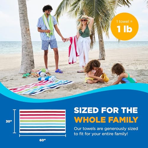 Ben Kaufman 6 Pack Oversized Striped Cotton Beach Towels - Soft, Absorbent, Quick-Drying for Adults & Kids