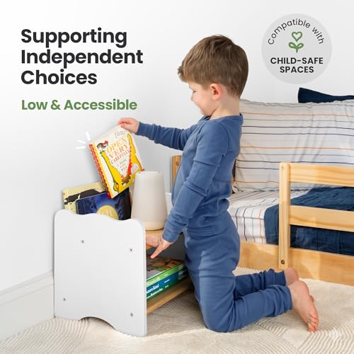 Kids Nightstand for Floor Beds - White Montessori Style Small Bedside Table with Book Pocket - Variation 2