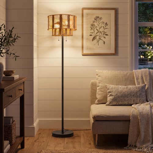 Farmhouse Floor Lamp with Rattan Shade - Black, 60-Inch Tall Living Room Lighting