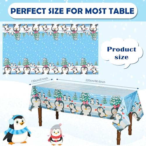 Buryeah 3 Pcs Penguin Tablecloth Birthday Party Decorations Supplies Plastic Penguin Table Cover Snowflake Tablecloth Disposable for Christmas Theme Party Decoration, 51 x 87 Inch