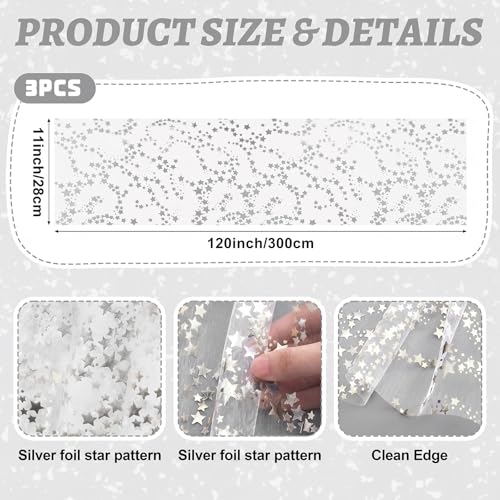 3 Pcs Silver Star Table Runners - Glitter Chiffon Organza 11x118in (28x300cm) Set