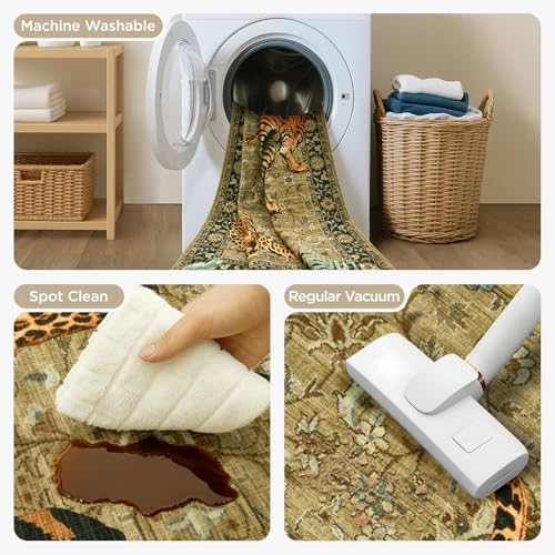 Joydeco 8x10 Large Washable Vintage Tiger Rug for Living Room & Bedroom - Camel