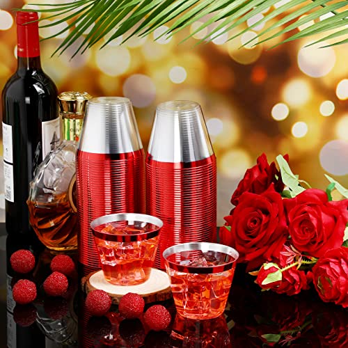 Norme 50 Pack 9 oz Red Rimmed Plastic Cups Heavy Duty Wine Glasses