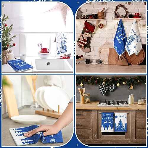 Sratte 4 Pcs Blue Christmas Kitchen Towels 16 x 24 Inch Merry Christmas Hand Towels Winter Let It Snow Snowman Dish Cloths Absorbent Xmas Tea Dishcloths for Home Bathroom Xmas Kitchen Decor