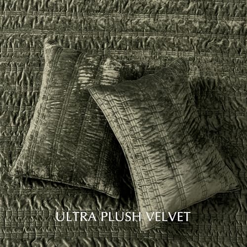 EverGrace Queen Velvet Quilt Set with Ruched Texture - Olive Green, 90x92 Inches