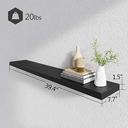 40-Inch Black Floating Wall Shelves Set of 2 - Extra-Wide Display Shelves with Invisible Brackets, Modern MDF Design, Versatile for Home & Office
