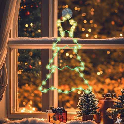 Christmas Window Silhouette Lights Decorations, Lighted Christmas Tree with Battery Operated LED Lights Hanging for Christmas Holiday Party Indoor Outdoor Wall Door Window Decorations