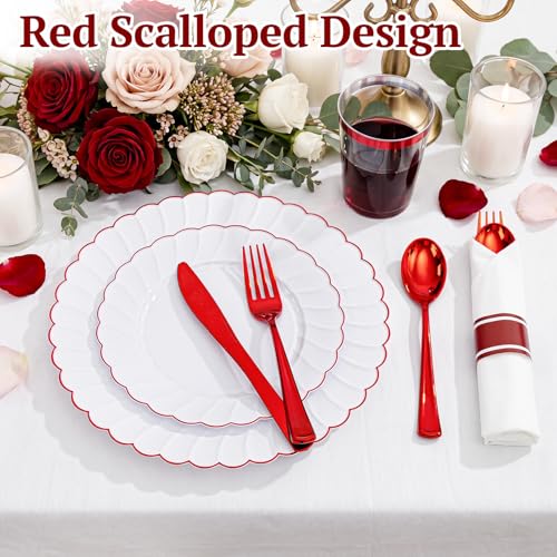 YOUBET 350PCS White and Red Scalloped Plastic Plates for Weddings (Red Variant)