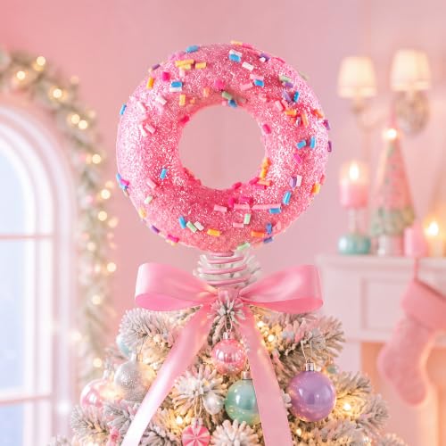 Sonwyoung Pink Donut Christmas Tree Topper – 7.28 x 5.91in with Adjustable Spring Base