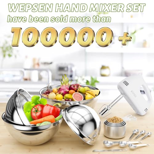 WEPSEN White Hand Mixer with 4 Stainless Steel Bowls & Measuring Sets — 200W Kitchen Baking Appliance