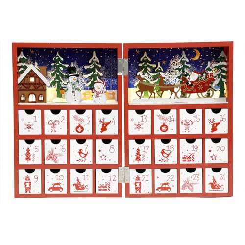 Christmas Wooden Advent Calendar with LED Lights, Snowman & Santa - 24 Drawers Holiday Countdown Decor