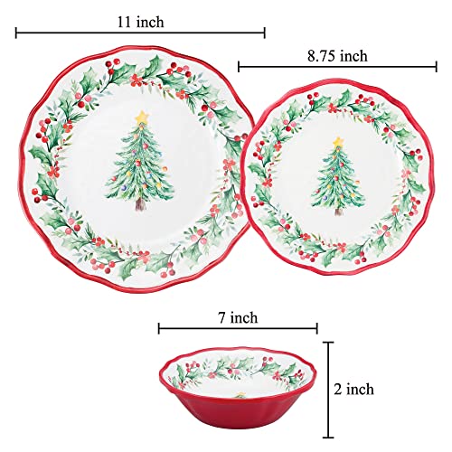 UP 12-Piece Christmas Tree Melamine Dinnerware Set for 4, Outdoor Plates & Bowls – Red