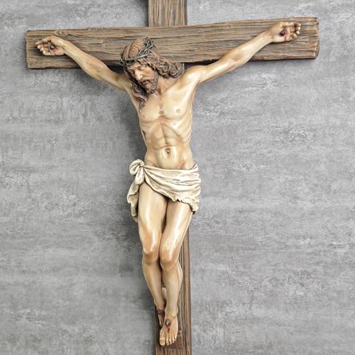Large Catholic Wall Cross with Jesus Statue - 20.75 Inch Religious Decor, Realistic Finish