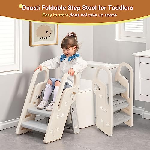 Onasti Gray Foldable 3-Step Stool for Kids Bathroom & Kitchen Helper, Adjustable & Space-Saving