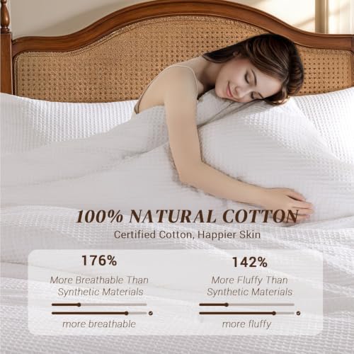 King Size White Waffle Weave Comforter Set - Breathable 100% Cotton Shell