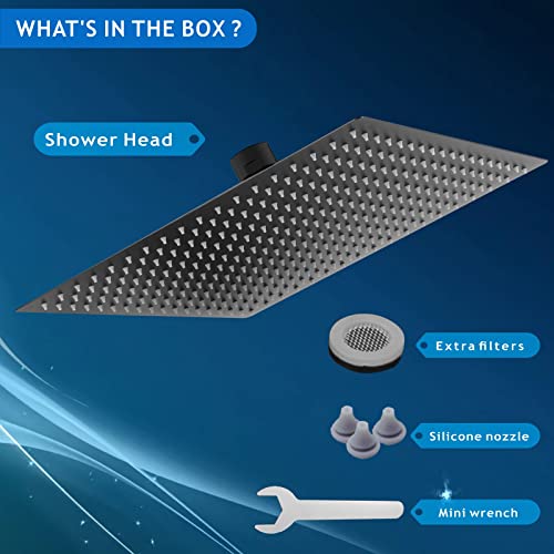 Voolan 16 Inch Oversize Rain Shower Head - High Flow Square Rainfall Waterfall - Matte Black