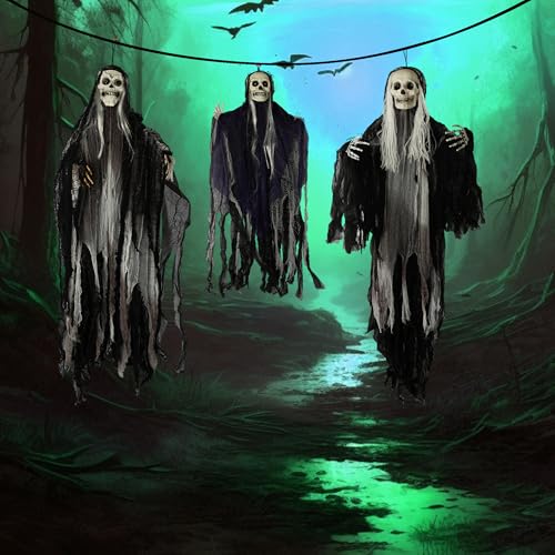 Halloween Hanging Skeleton Ghosts Decorations Set - Spooky Outdoor Reapers (3 Pack)