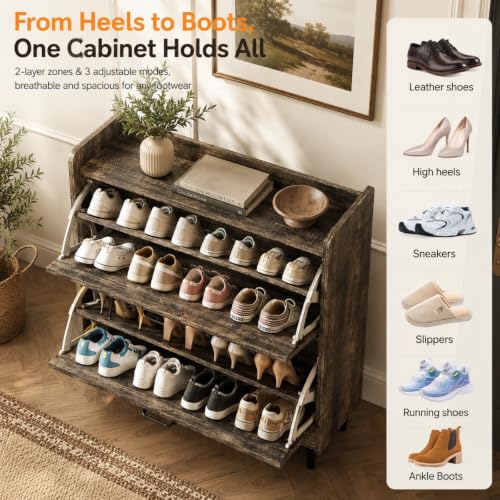 VINGLI Farmhouse Dark Rustic Oak Shoe Storage Cabinet with 2 Flip Drawers, Slim Entryway Organizer