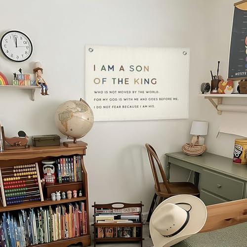Lacama Christian Wall Decor for Boys Room,Baby Boys Nursery Decor,Bible Verse Wall Linen Hanging Banner Flags,I Am The Son of A King Neutral Wall Decor,Birthday Christmas Gift 30x20 Inch