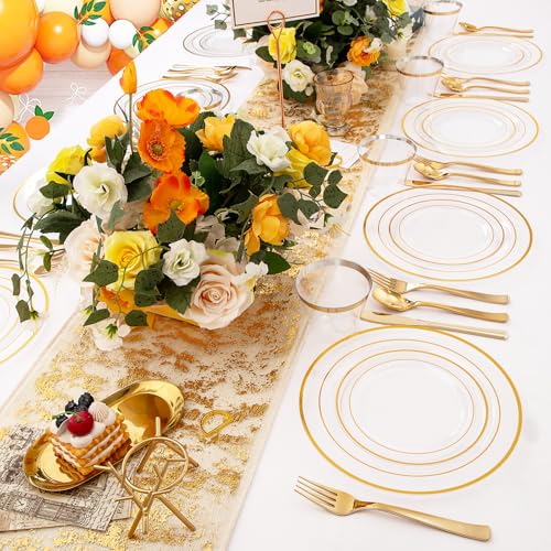 WELLIFE 300Pcs Clear Gold Disposable Dinnerware Set - Heavy Duty Plates, Cups & Cutlery - Variation: Clear Gold / 300