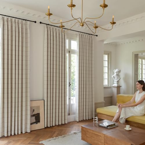Linen/40W x 84L Double Layer Pinch Pleated Blackout Curtains Set - Checkered Gingham, Insulated, Darkening, 2 Panels, Variation of Linen / 40"W x 84"L