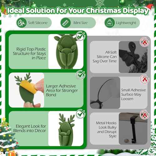 12 PCS Christmas Garland Hangers with Locking Buckle, Reindeer Design Adhesive Hooks for Stair Railing Fireplace Mantle Door, Reusable Silicone Stocking & Ornament Holders, Green (Deer, 12)