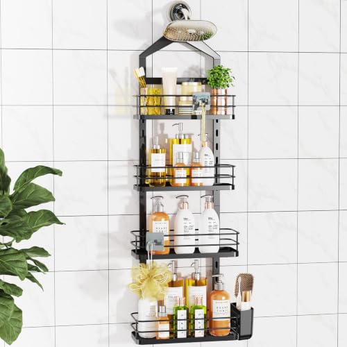 Black 4 Tier Adjustable Shower Organizer Hanging Over Showerhead