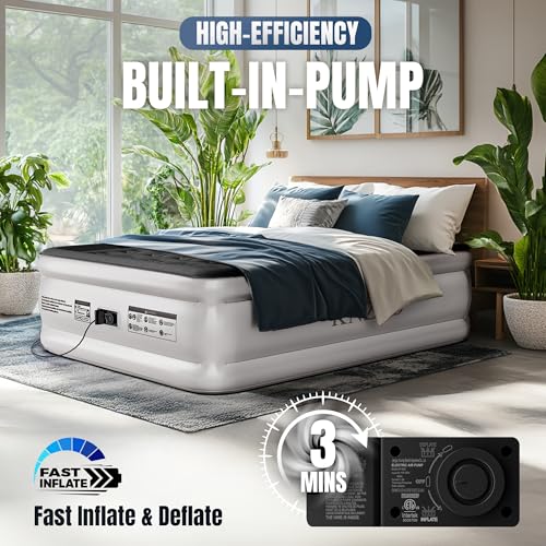 White Queen Air Mattress 18-Inch Raised Inflatable Bed with Built-in Pump